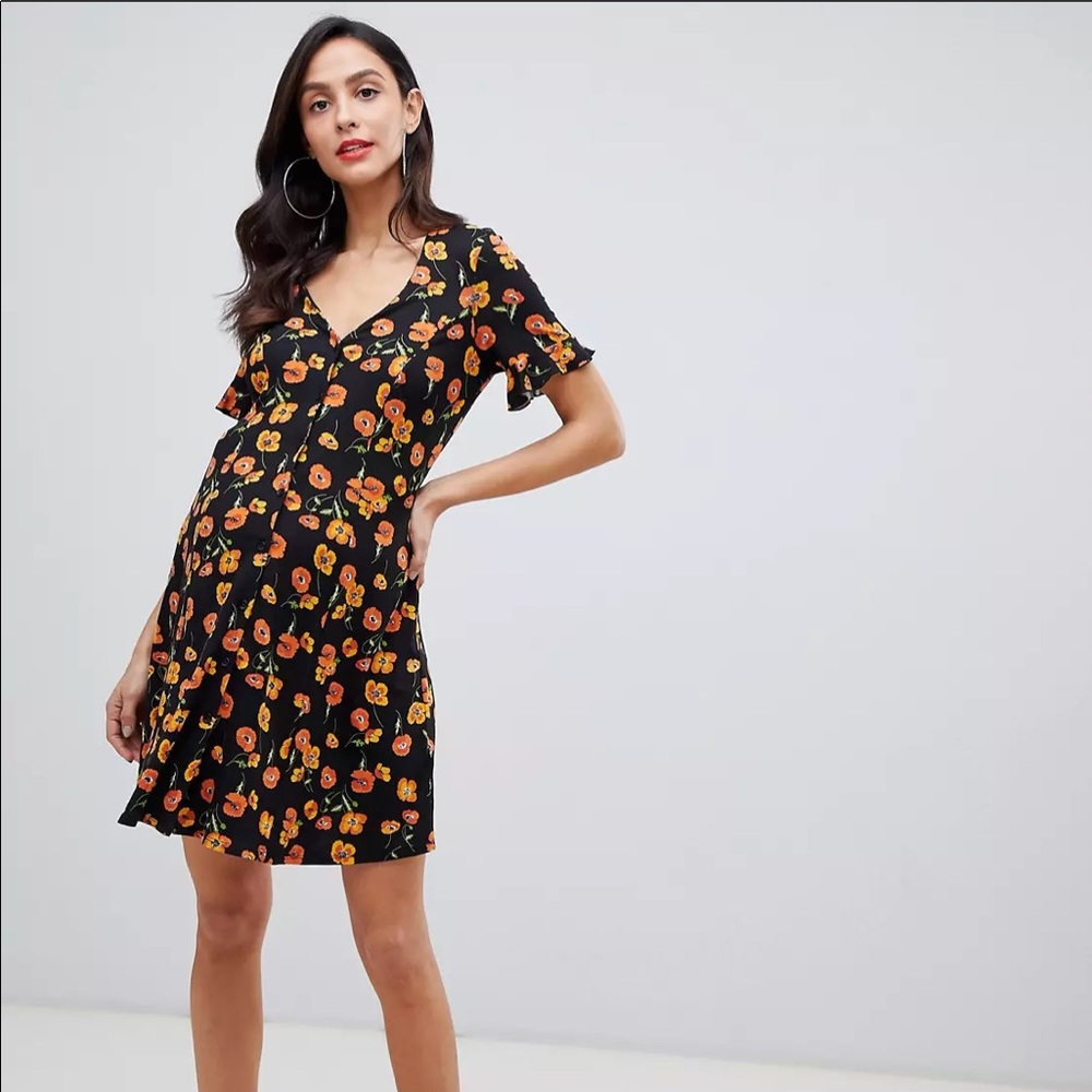 ASOS DESIGN Maternity Button Through Tea Dress with Frill Sleeve in Floral Print